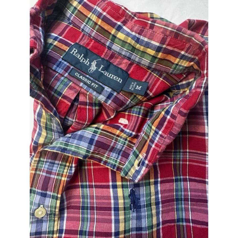 Ralph Lauren Mens Classic Fit Plaid Button‎ Down Shirt Red Multi Color Medium